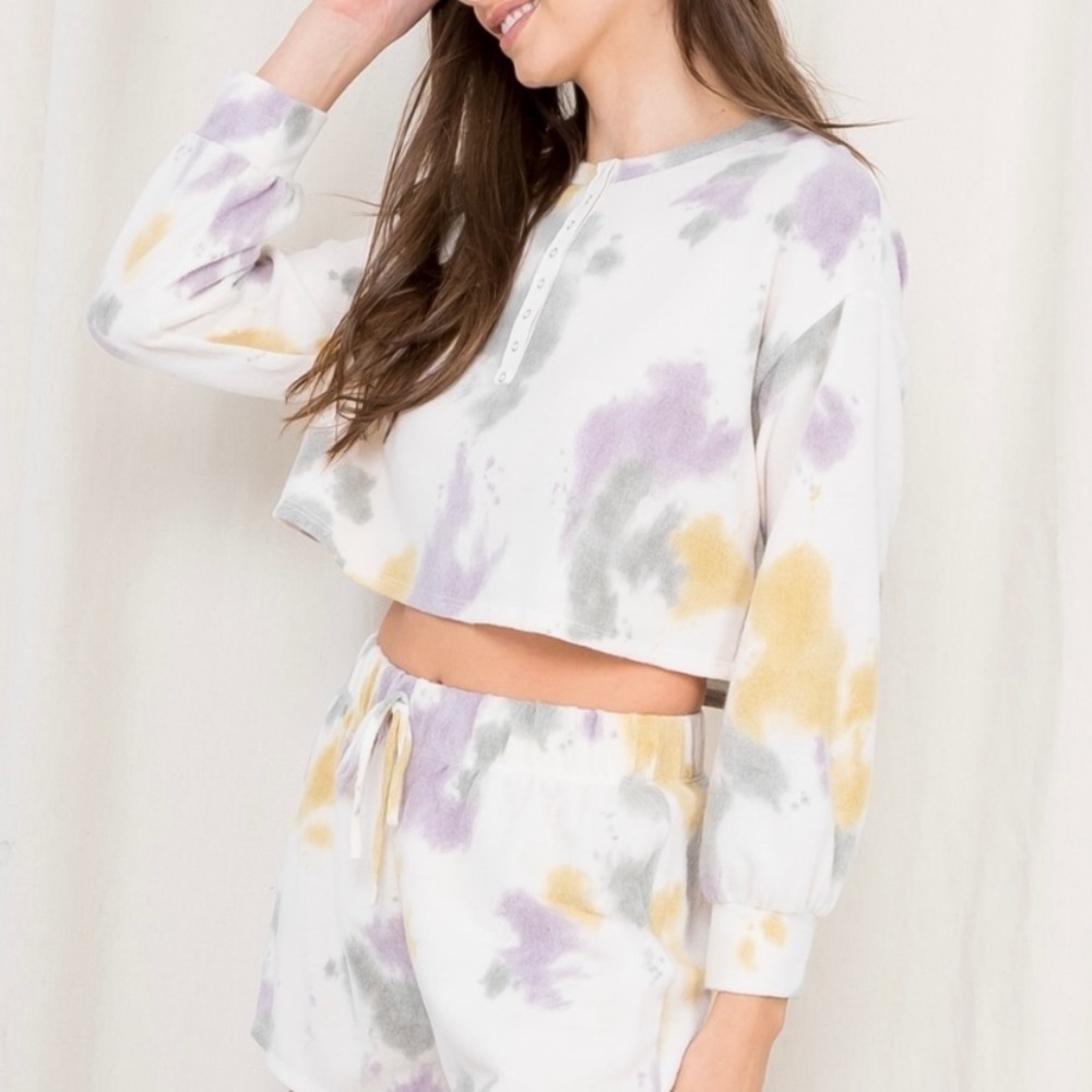 Woman’s tie-dye top and short set